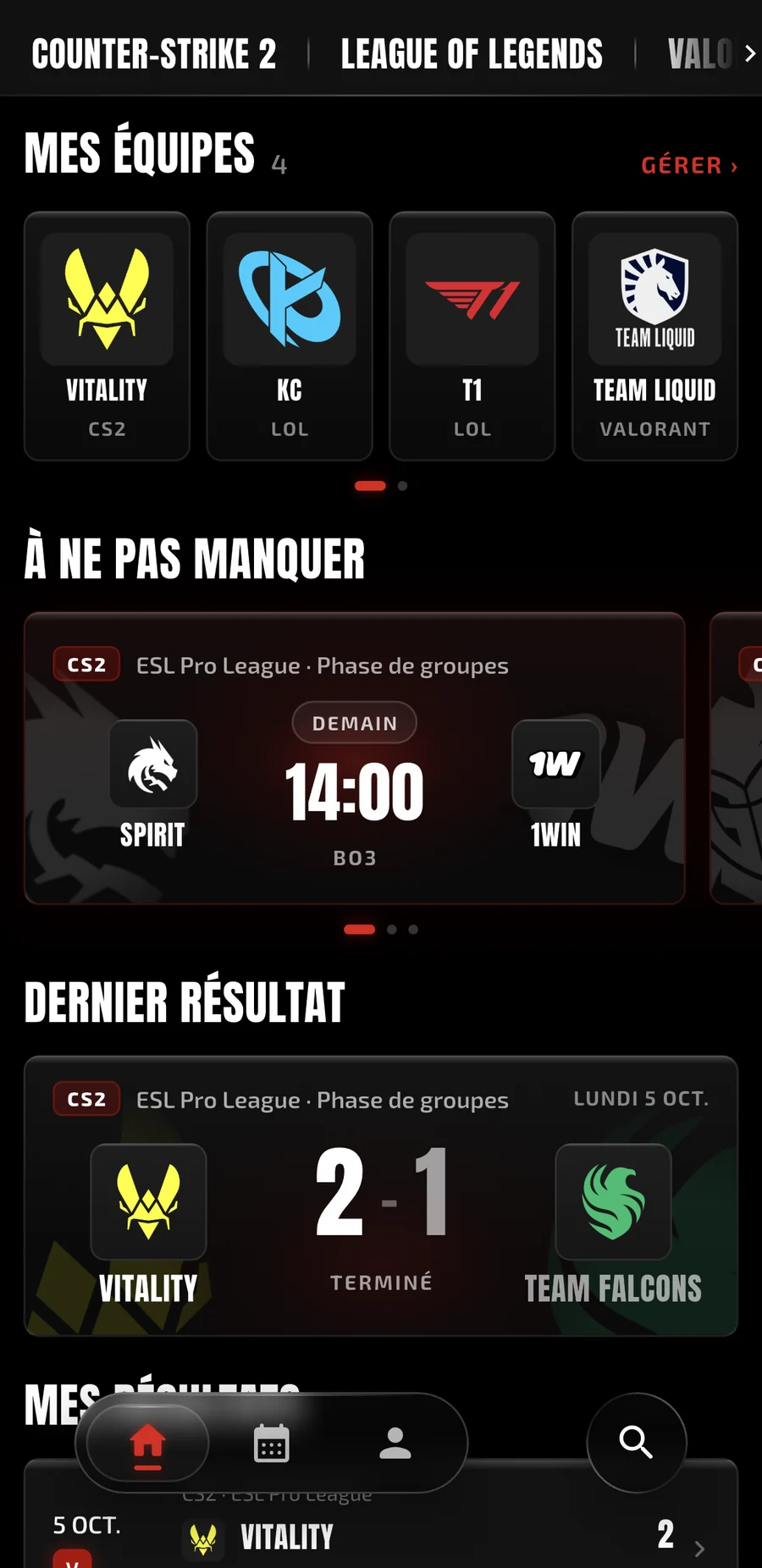 Écran d'accueil de l'application StrikZy : mes équipes, les matchs à ne pas manquer et le dernier résultat.