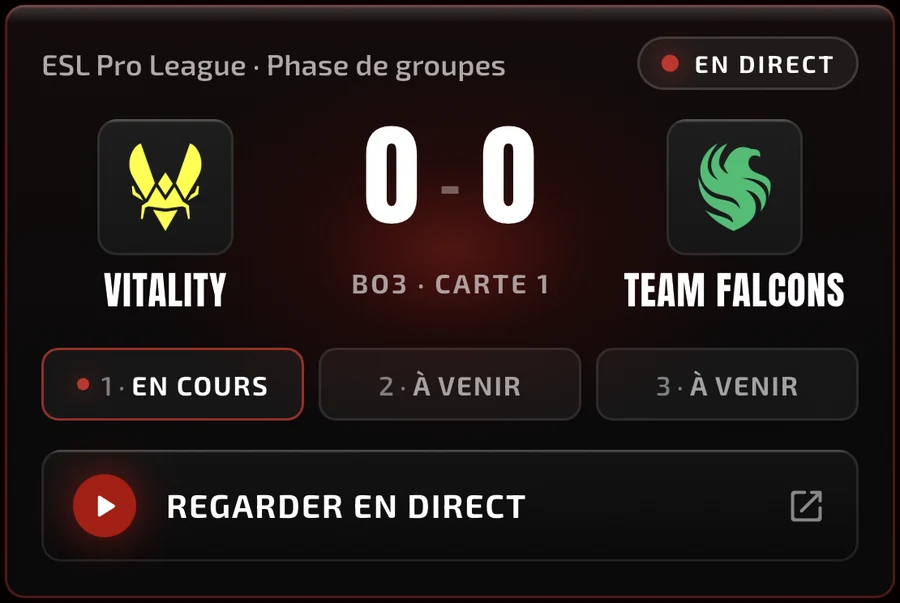 Carte d'un match en direct dans l'application StrikZy : score, carte en cours et accès au direct.