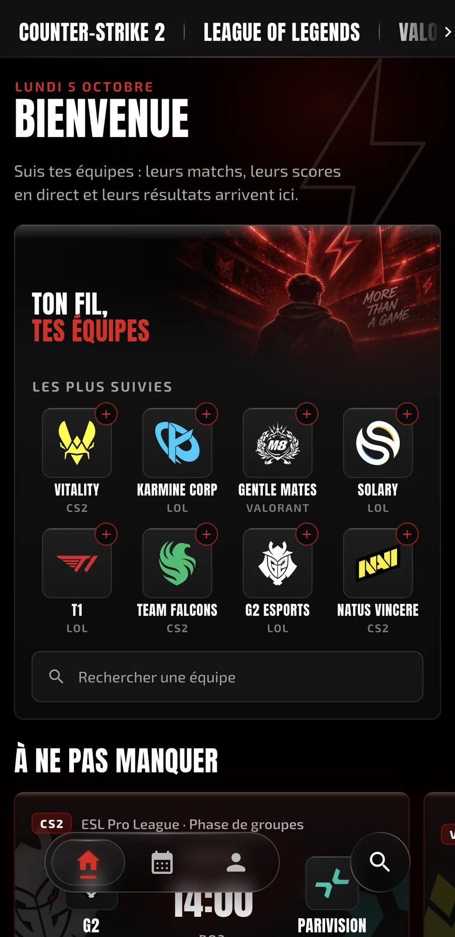 Écran de choix des équipes dans l'application StrikZy : les équipes les plus suivies sur CS2, LoL et VALORANT.
