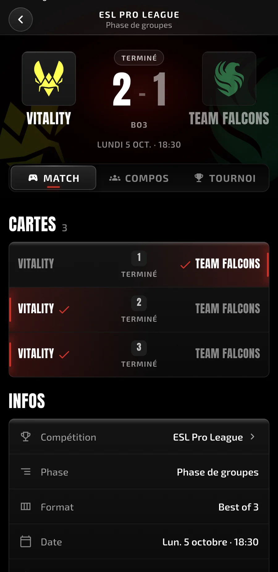 Page d'un match dans l'application StrikZy : score, cartes jouées et informations de la rencontre.